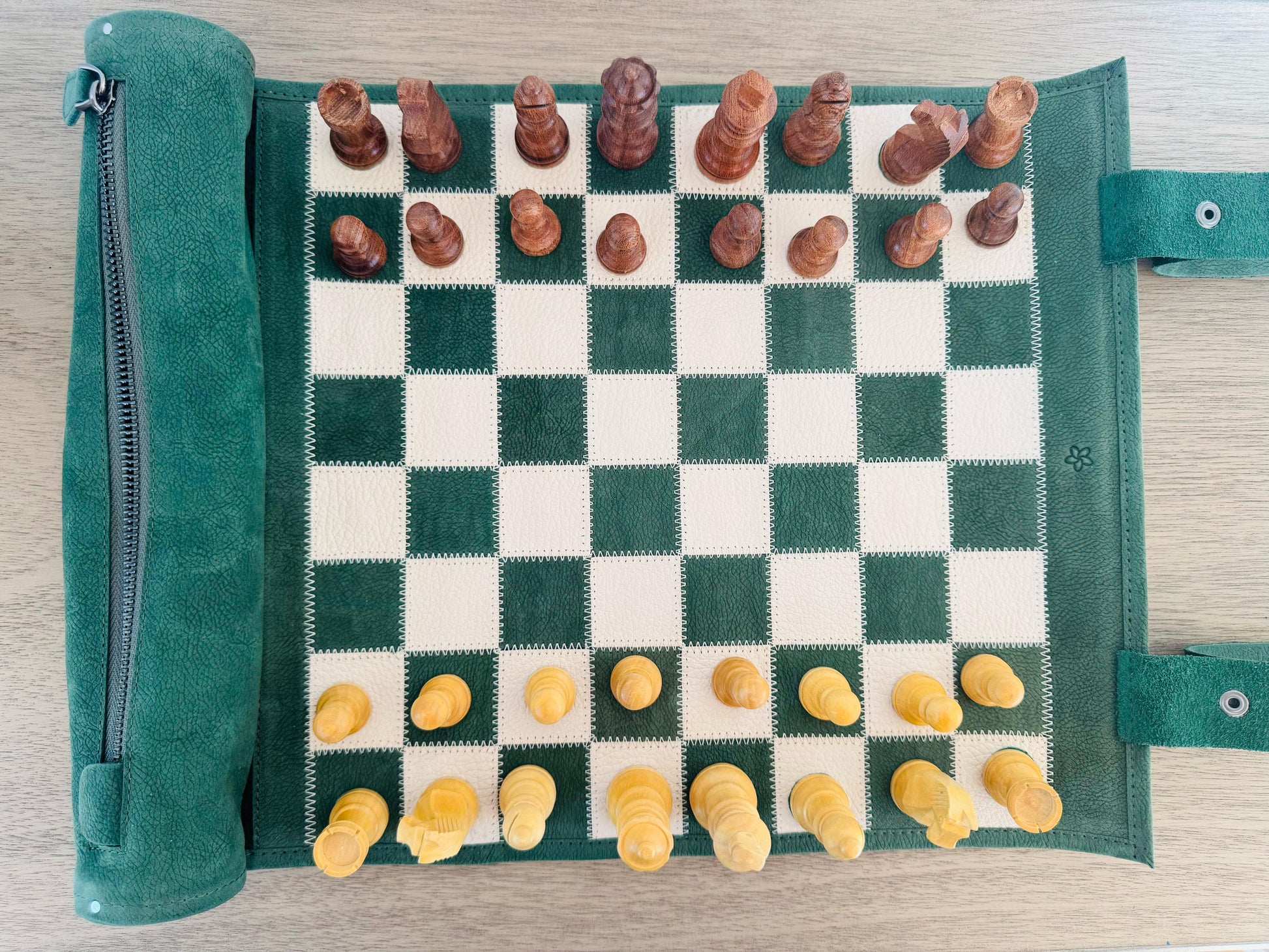 Top view of the Celtics magnetic leather chess board
