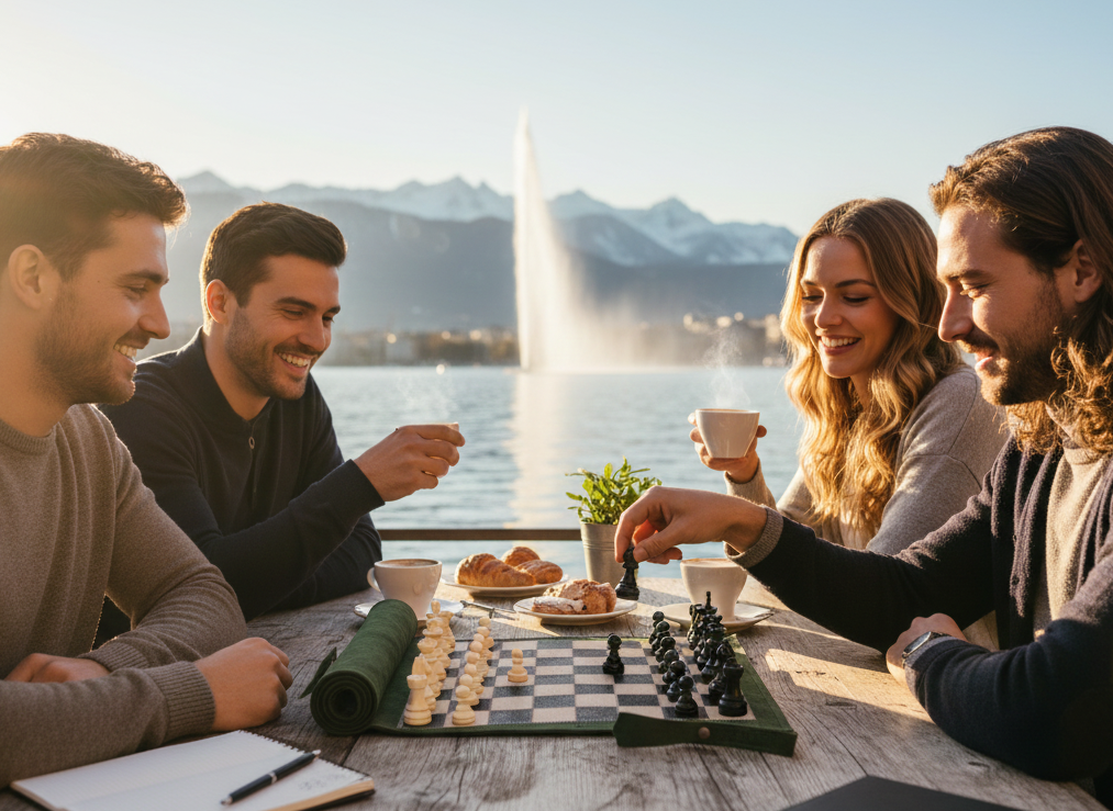 Friends enjoying the MELIA Genève magnetic leather chess set