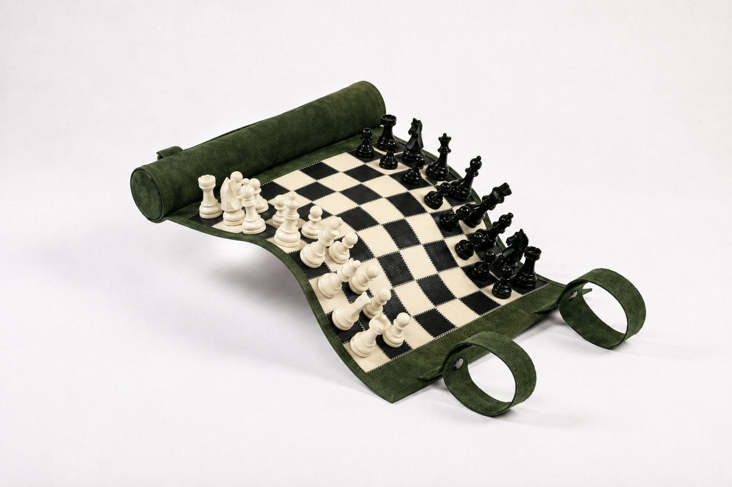 Roll Up Magnetic Leather Chess Set Genève handcrafted in premium green nubuck leather