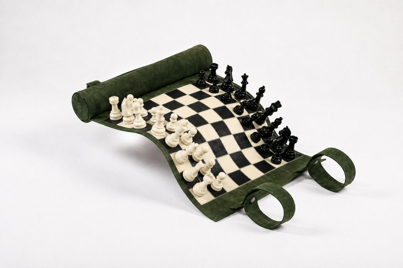 Roll Up Magnetic Leather Chess Set Genève handcrafted in premium green nubuck leather