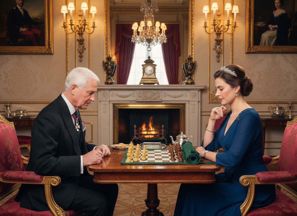 Grande Dame magnetic leather chess set enjoyed in a luxury hotel lounge