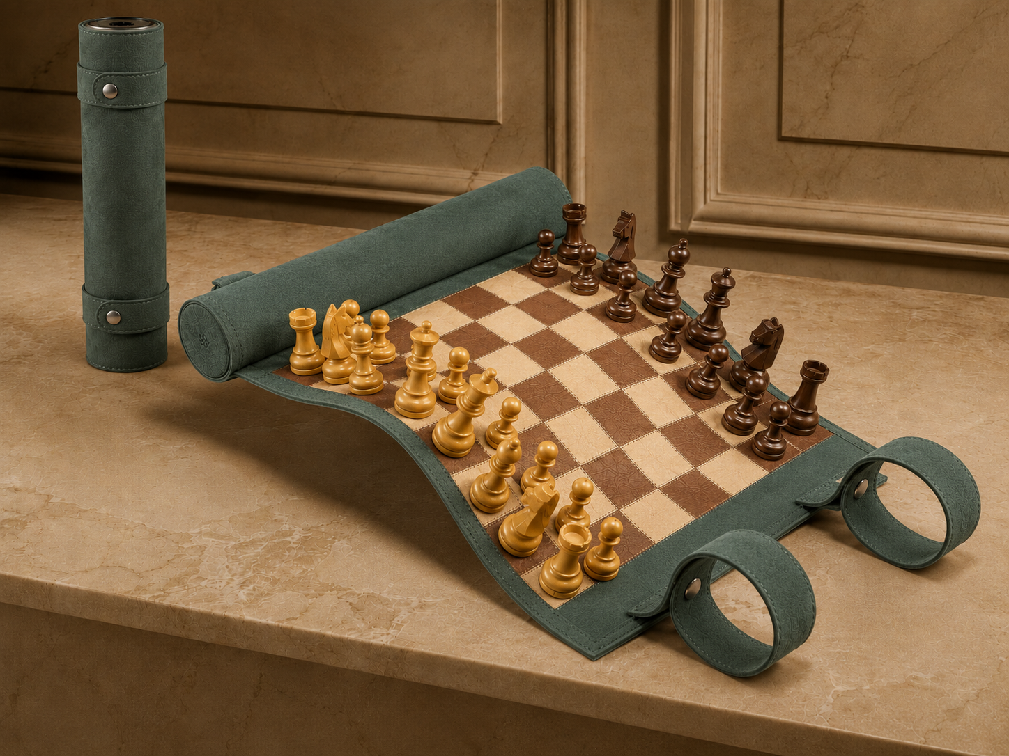 Grande Dame magnetic leather chess set displayed in an elegant European interior