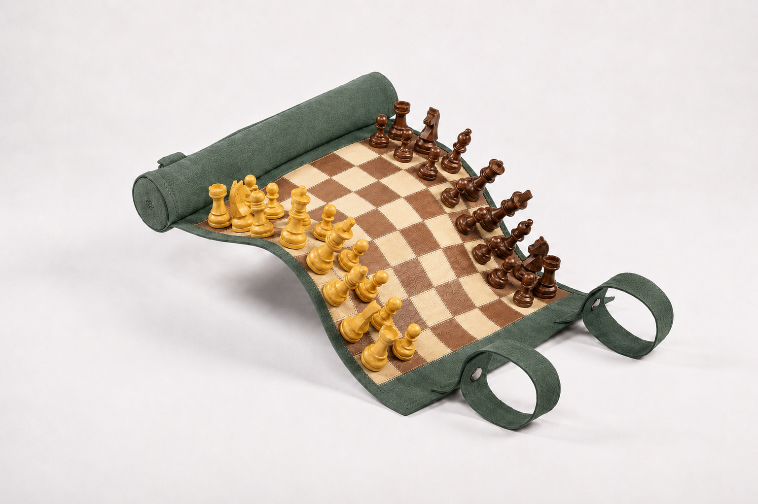 Roll Up Magnetic Leather Chess Set Grande Dame handcrafted in premium green nubuck leather