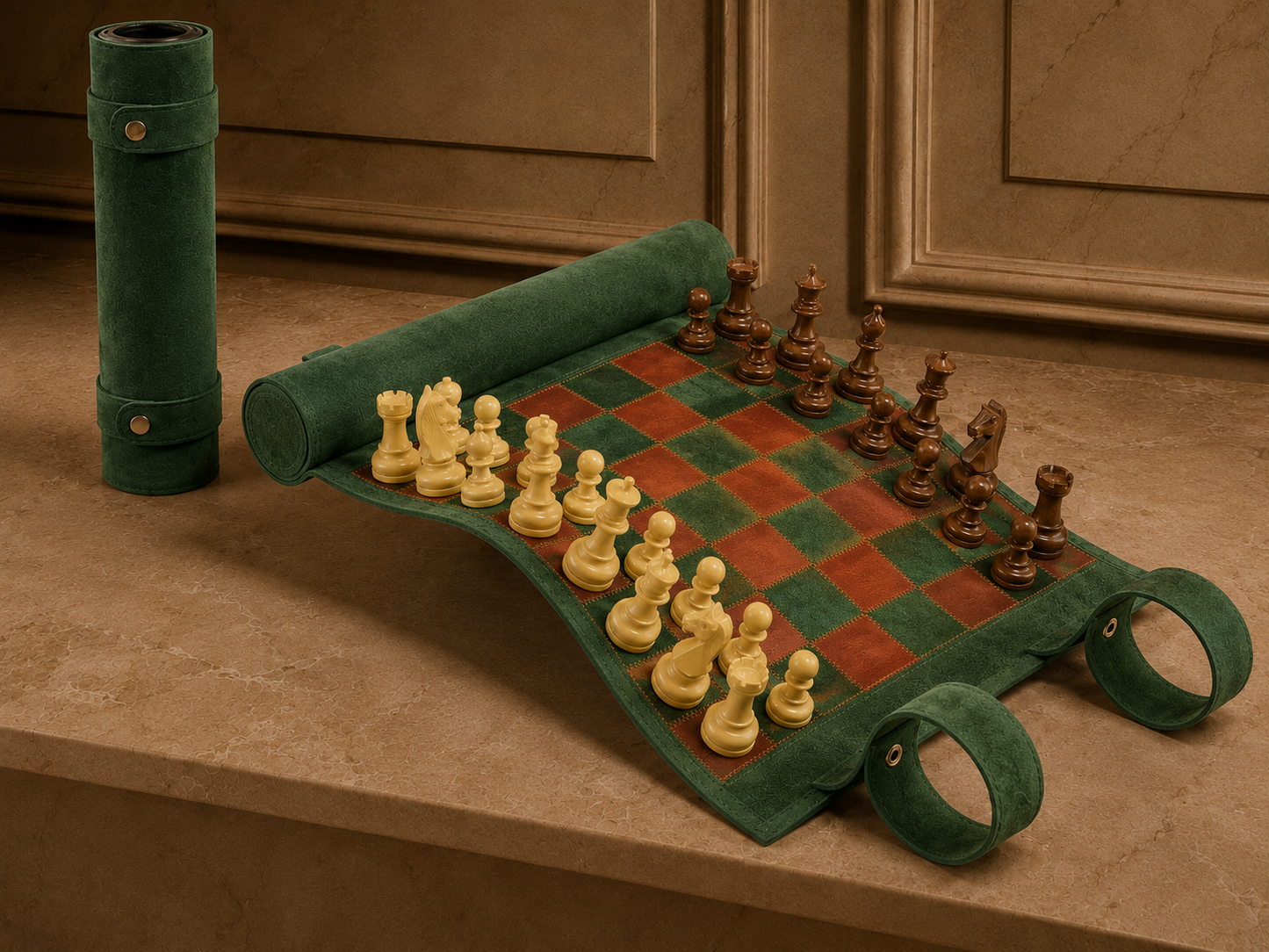 Hunter magnetic leather chess set displayed in a luxury interior