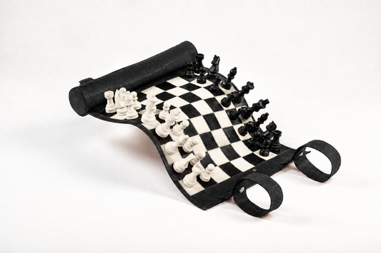 Roll-Up Magnetic Leather Chess Set – Moonlight in black floater leather with handcrafted magnetic wooden chess pieces by MELIA