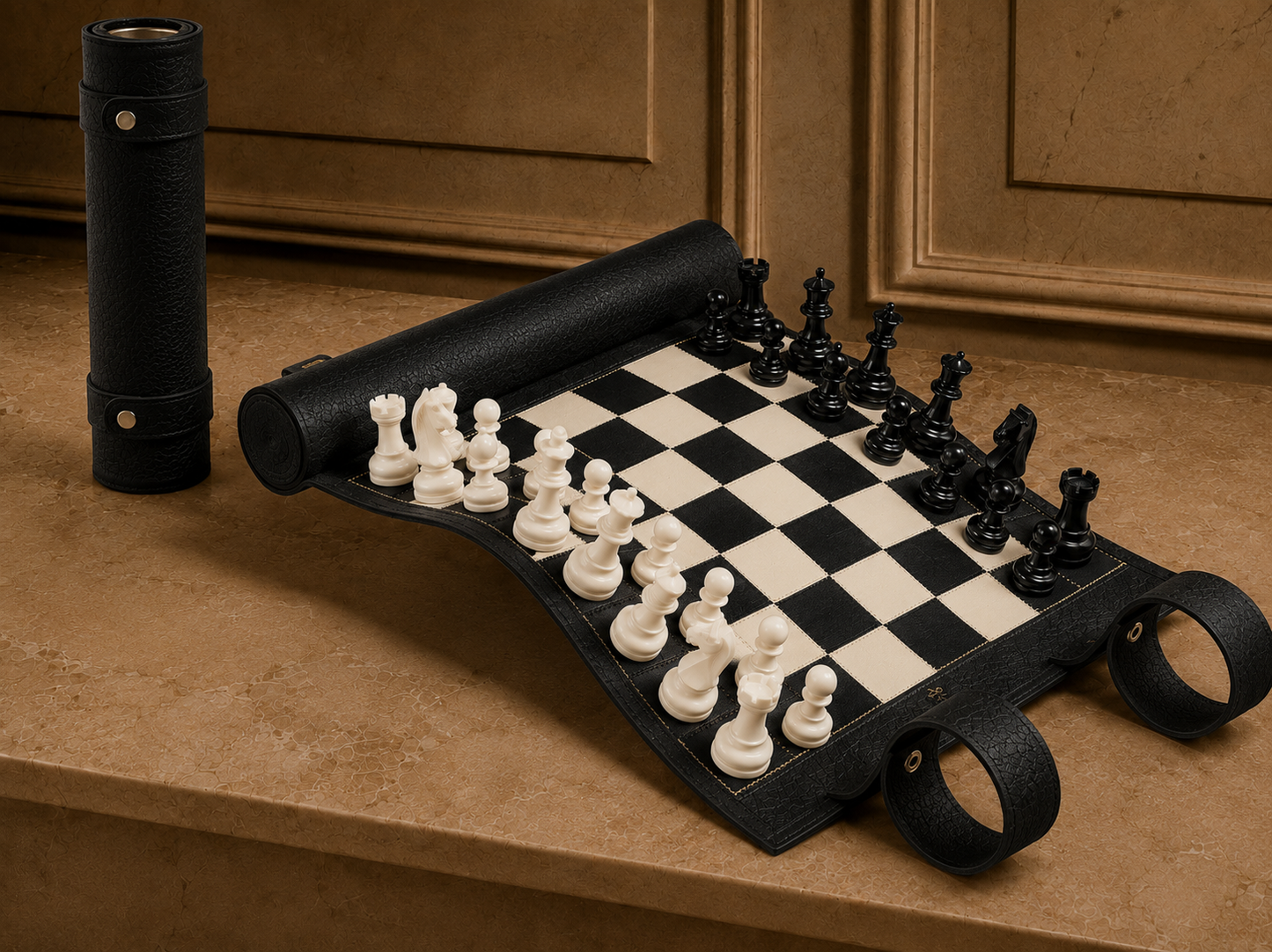 Moonlight black leather chess set displayed in a luxury interior with magnetic chess pieces and roll-up leather board