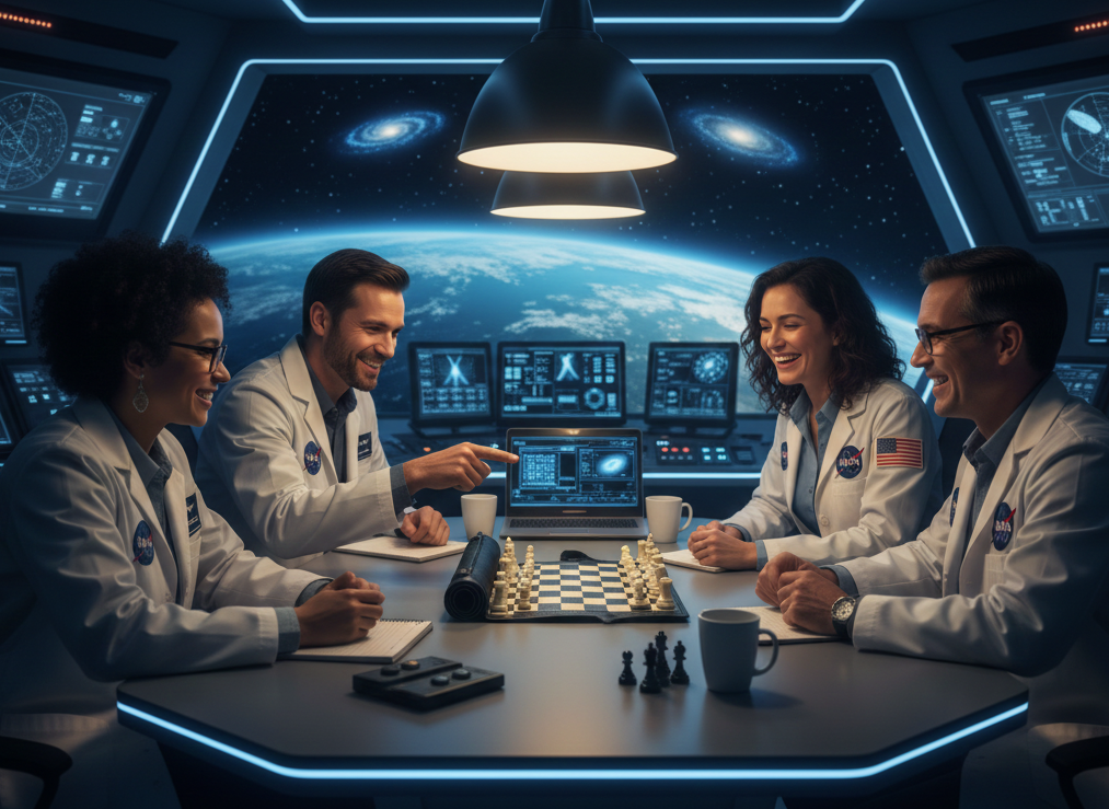 Friends playing the MELIA Moonlight magnetic leather chess set during an evening gathering in the moon. NASA