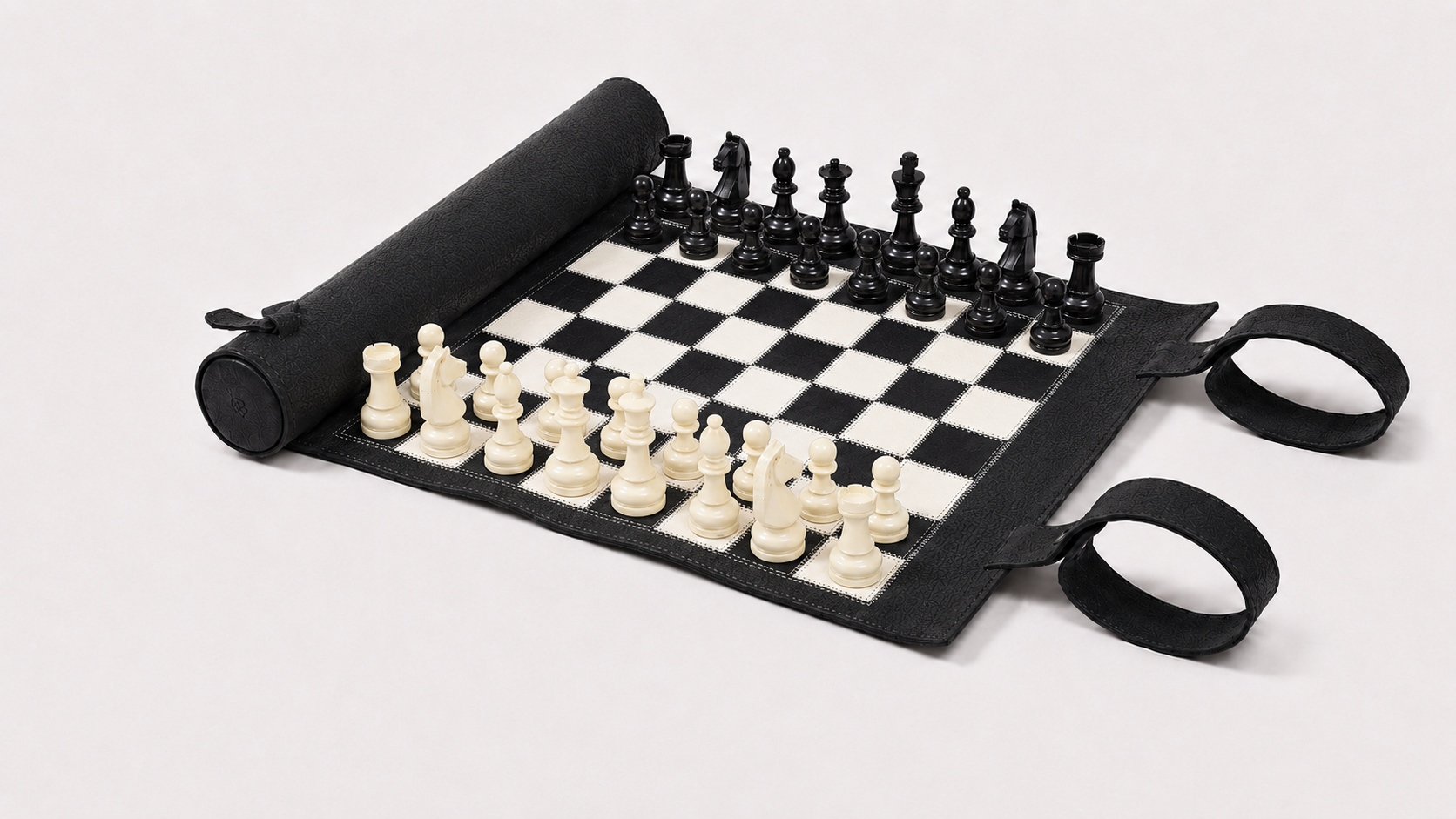 Roll-Up Magnetic Leather Chess Set – Moonlight photographed from above showing handcrafted black leather chess board