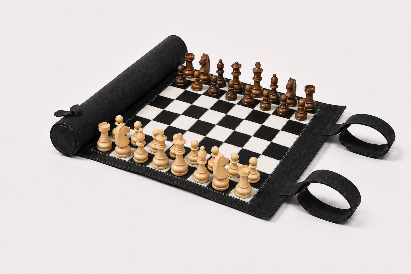 Premium black leather chess board with magnetic wooden chess pieces and handcrafted roll-up construction