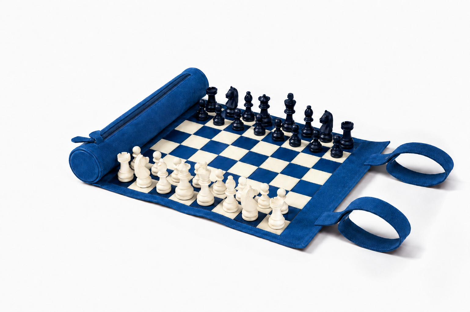 Ocean Blue leather chess set with optional navy and ivory lacquered magnetic pieces