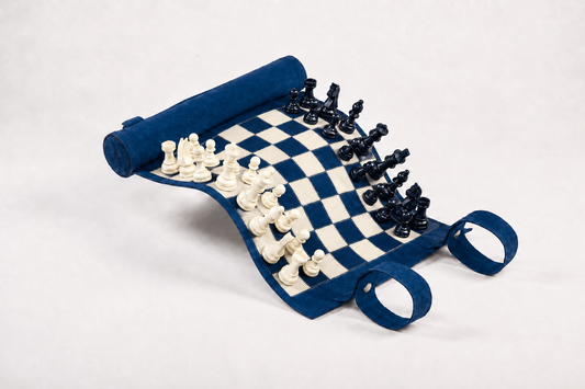 Roll-Up Magnetic Leather Chess Set Ocean Blue in premium blue nubuck leather with ivory and navy magnetic pieces