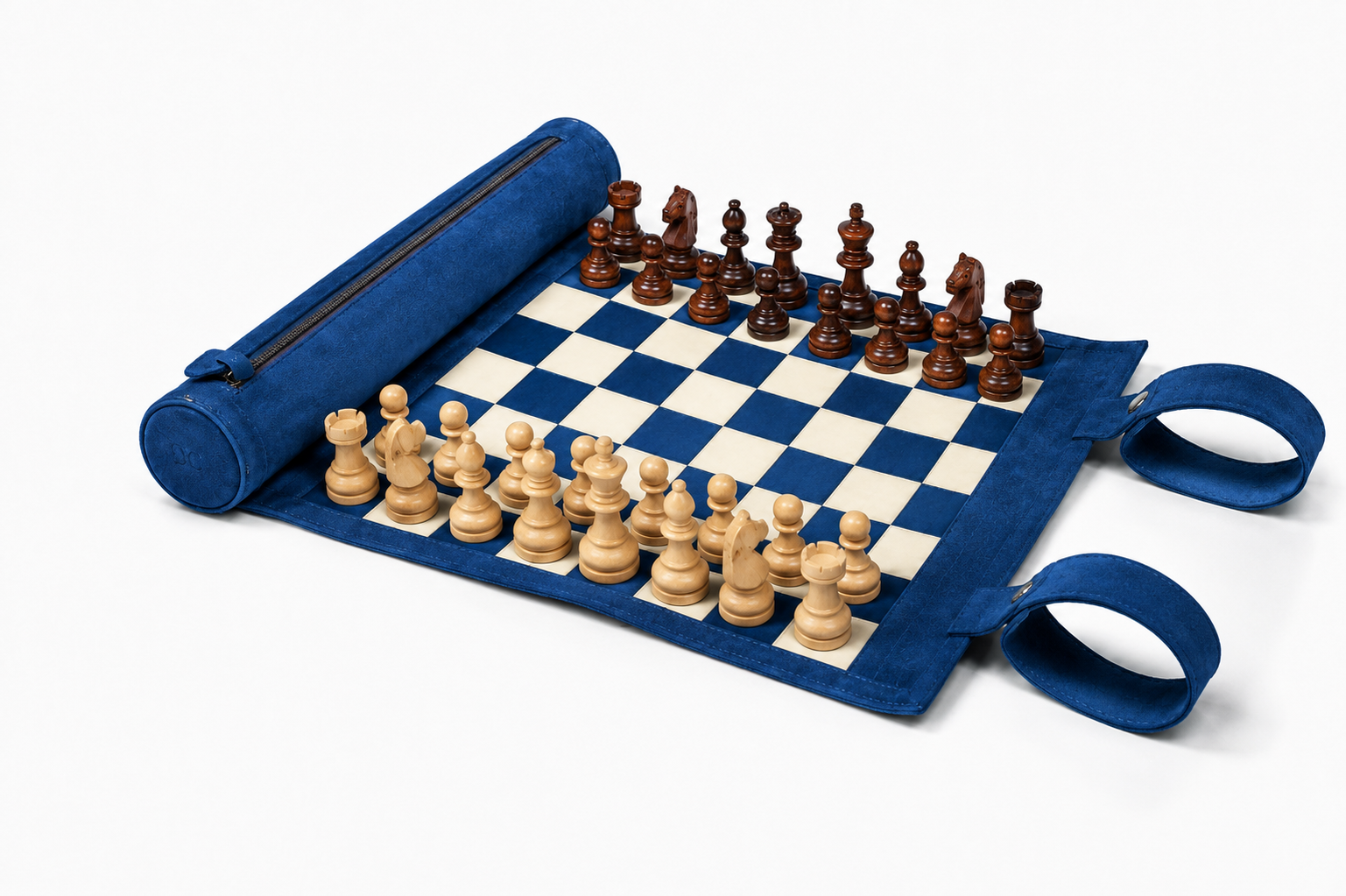 Ocean Blue magnetic leather chess set with natural wooden chess pieces