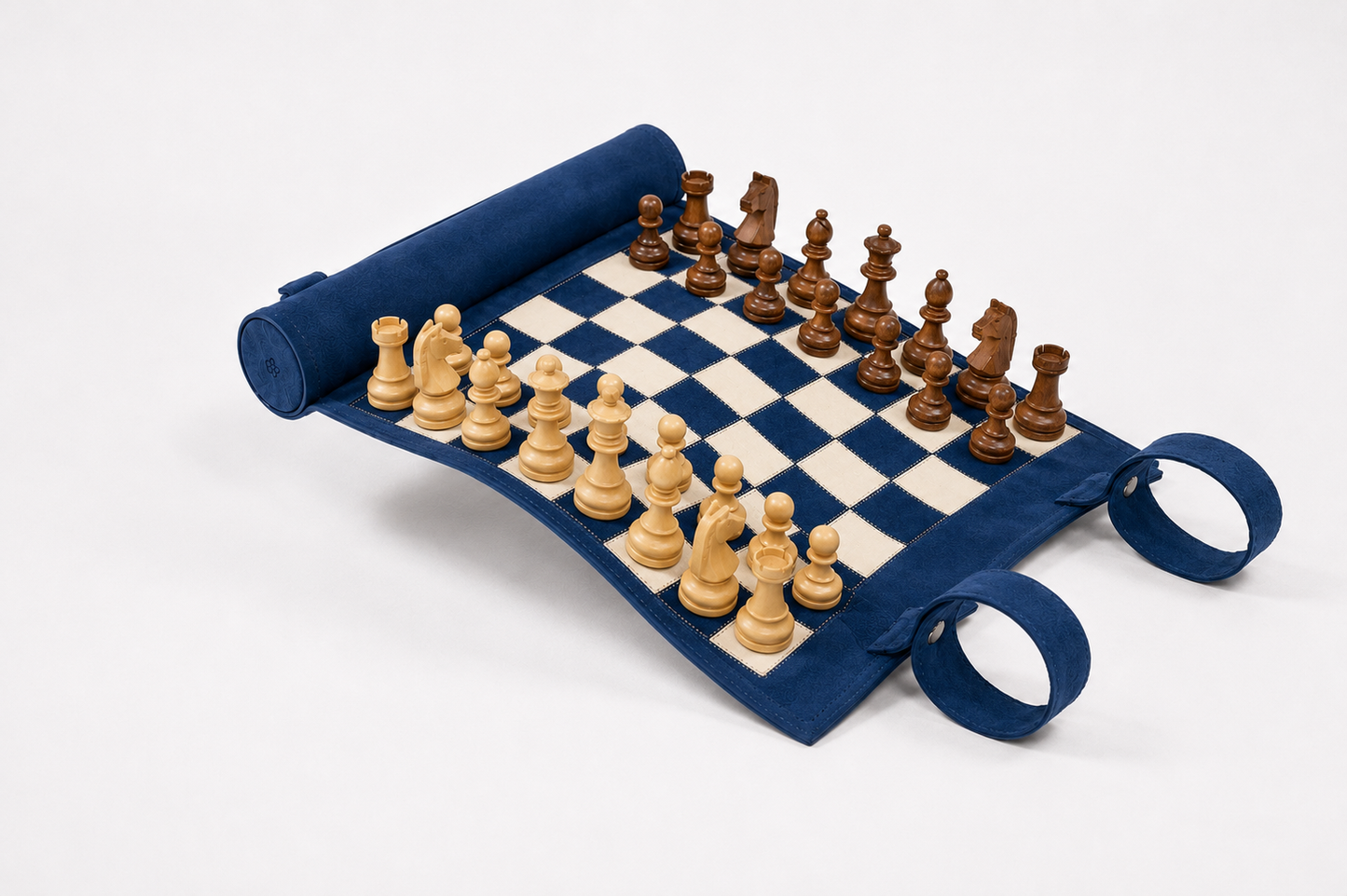 Open Ocean Blue magnetic leather chess set with handcrafted wooden chess pieces