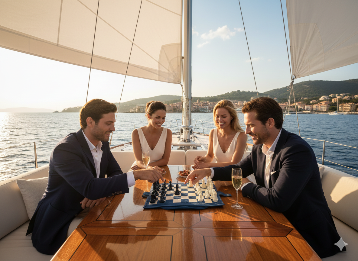 Four people playing chess on a sailboat with a scenic background