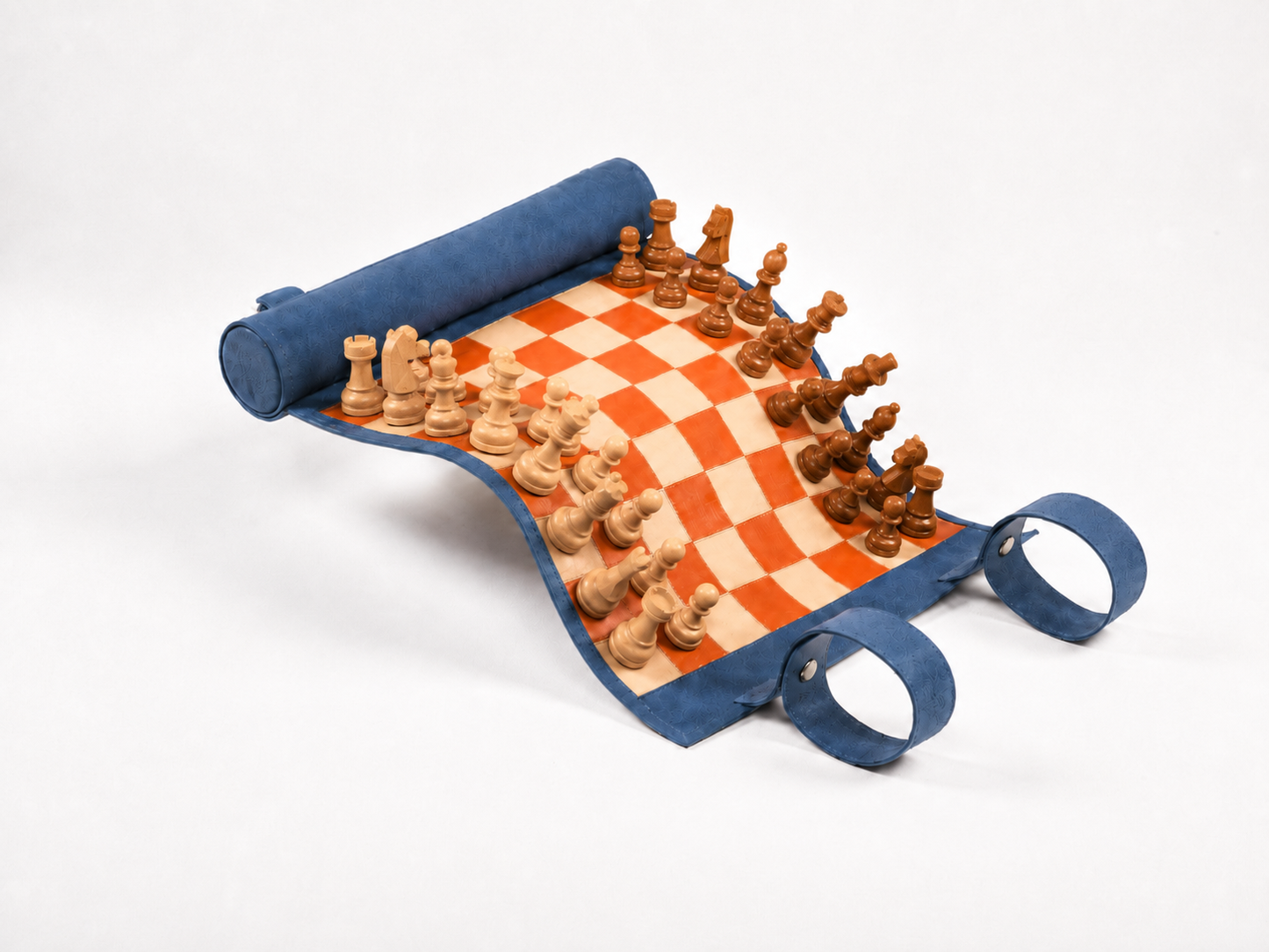 Portable Tropicana leather chess board with handcrafted magnetic chess pieces