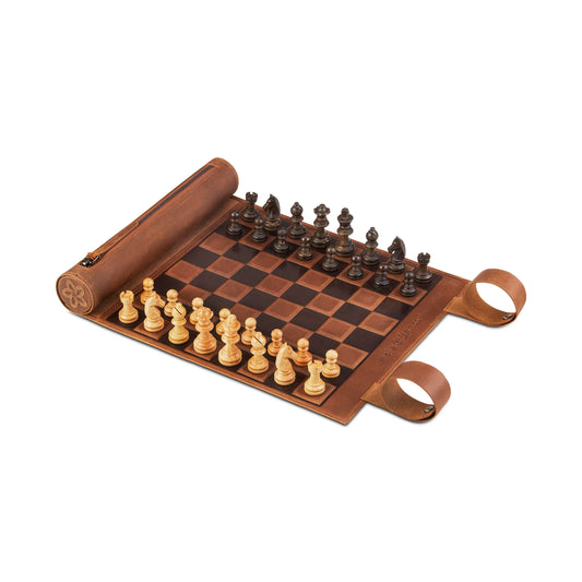 Roll-Up Leather Chess Set Classic Brown Original Edition with handcrafted non-magnetic wooden chess pieces